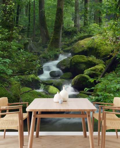 grön anpassningsbar vattenfall tapetväggmålning kallad Mossy Waterfall för vardagsrum och kök