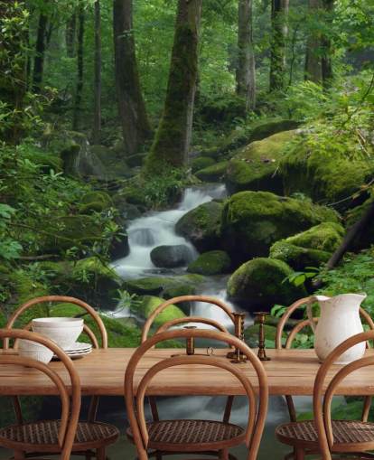 grön anpassningsbar vattenfall tapetväggmålning kallad Mossy Waterfall för vardagsrum och kök