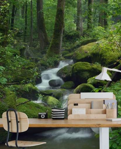 green customisable waterfall wallpaper mural called Mossy Waterfall for living rooms and kitchens