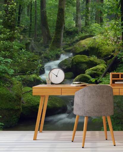 mural verde personalizable en forma de cascada llamado Mossy Waterfall para salas de estar y cocinas