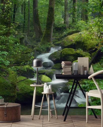 green customizable waterfall wallpaper mural called Mossy Waterfall for living rooms and kitchens