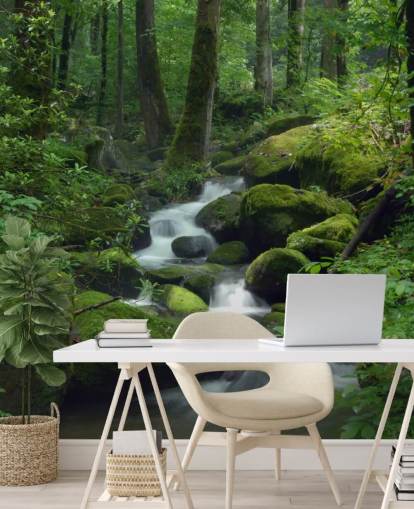 grüne, individuell gestaltbare Wasserfall-Tapete namens Mossy Waterfall für Wohnzimmer und Küche grüne, individuell gestaltbare Wasserfall-Tapete namens Mossy Waterfall für Wohnzimmer und Küche