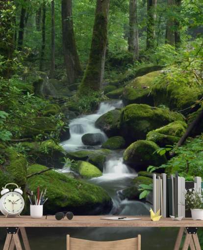 groene aanpasbare waterval behangmuurschildering genaamd Mossy Waterfall voor woonkamers en keukens groene aanpasbare waterval behangmuurschildering genaamd Mossy Waterfall voor woonkamers en keukens