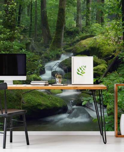 mural de papel de parede de cachoeira verde personalizável chamado Mossy Waterfall para salas de estar e cozinhas mural de papel de parede de cachoeira verde personalizável chamado Mossy Waterfall para salas de estar e cozinhas