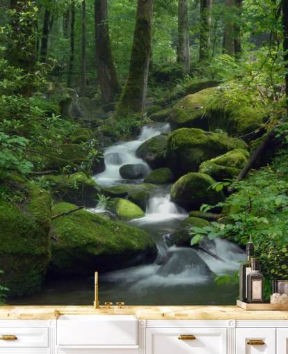 green customizable waterfall wallpaper mural called Mossy Waterfall for living rooms and kitchens