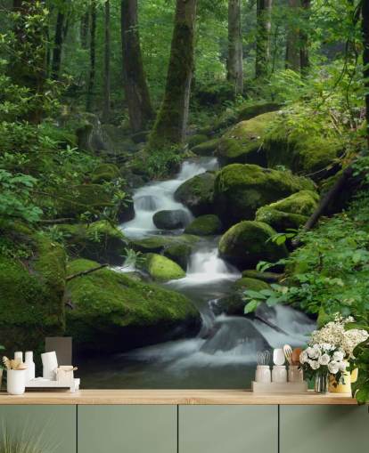 mural de papel de parede de cachoeira verde personalizável chamado Mossy Waterfall para salas de estar e cozinhas