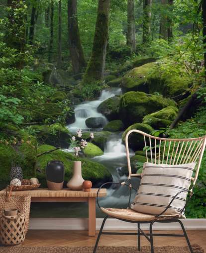 mural de papel de parede de cachoeira verde personalizável chamado Mossy Waterfall para salas de estar e cozinhas