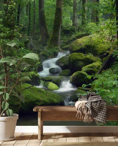 mural verde personalizable en forma de cascada llamado Mossy Waterfall para salas de estar y cocinas