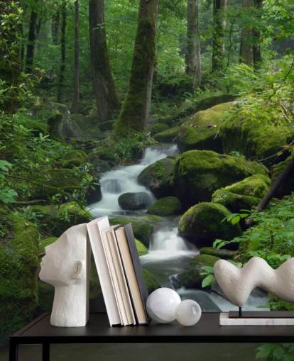 green customizable waterfall wallpaper mural called Mossy Waterfall for living rooms and kitchens