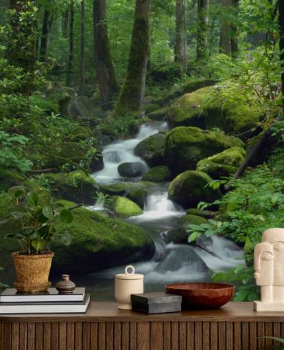 grüne, individuell gestaltbare Wasserfall-Tapete namens Mossy Waterfall für Wohnzimmer und Küche grüne, individuell gestaltbare Wasserfall-Tapete namens Mossy Waterfall für Wohnzimmer und Küche