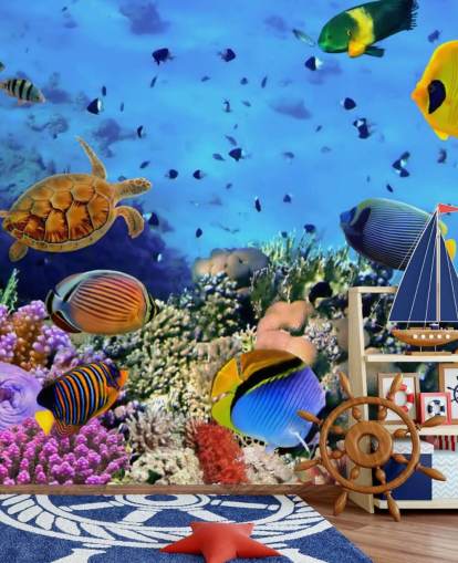 kleurrijke aanpasbare muurschildering met vissen genaamd Photo of a Coral Colony voor de kinderkamer