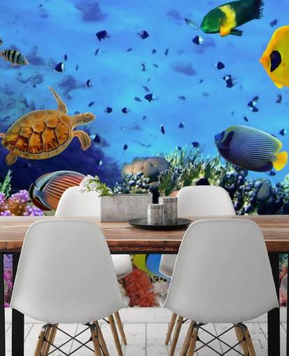 mural colorido de papel de parede de peixe personalizável chamado Photo of a Coral Colony para quarto de criança