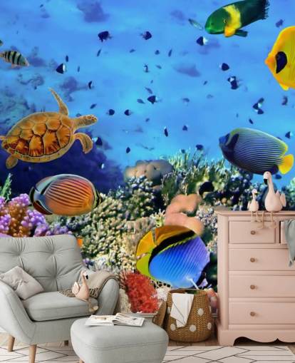 papier peint mural coloré de poissons personnalisable appelé Photo d'une colonie de coraux pour chambre d'enfant