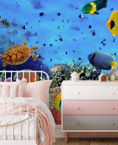 papier peint mural coloré de poissons personnalisable appelé Photo d'une colonie de coraux pour chambre d'enfant