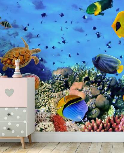mural colorido de papel de parede de peixe personalizável chamado Photo of a Coral Colony para quarto de criança