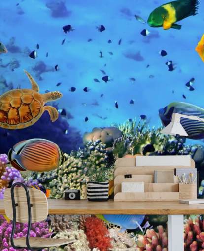 mural colorido de papel de parede de peixe personalizável chamado Photo of a Coral Colony para quarto de criança