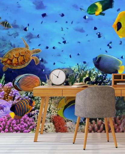colorido mural de papel pintado de peces personalizable llamado Foto de una colonia de coral para dormitorio infantil