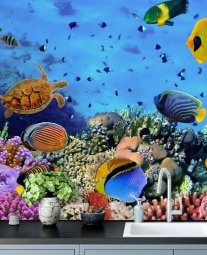 colorido mural de papel pintado de peces personalizable llamado Foto de una colonia de coral para dormitorio infantil