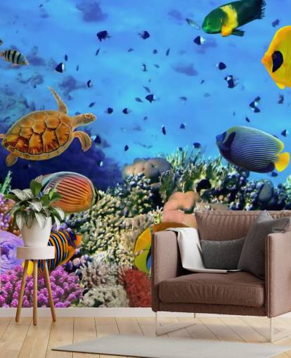 papier peint mural coloré de poissons personnalisable appelé Photo d'une colonie de coraux pour chambre d'enfant