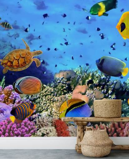 papier peint mural coloré de poissons personnalisable appelé Photo d'une colonie de coraux pour chambre d'enfant