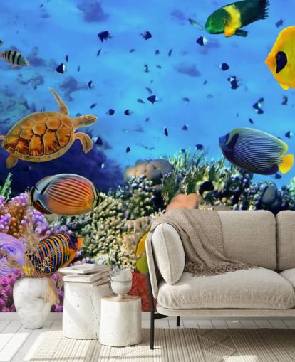 Buntes personalisierbares Fischtapeten-Wandbild mit dem Titel Foto einer Korallenkolonie für Kinderzimmer