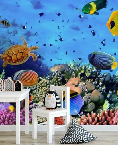 papier peint mural coloré de poissons personnalisable appelé Photo d'une colonie de coraux pour chambre d'enfant