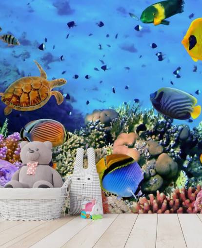 colorido mural de papel pintado de peces personalizable llamado Foto de una colonia de coral para dormitorio infantil