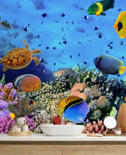 carta da parati murale colorata personalizzabile con pesci chiamata Photo of a Coral Colony per la cameretta dei bambini