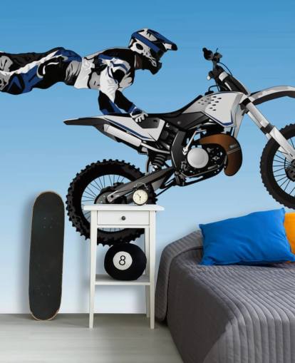 Motorcross Biker Flying on Back of Bike Behang