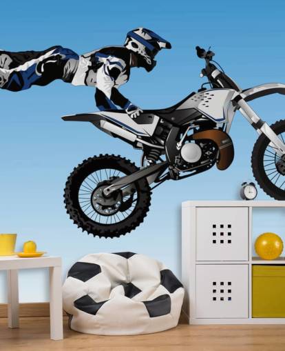Motocross Biker flyger på baksidan av cykel Bakgrund Motocross Biker flyger på baksidan av cykel Bakgrund