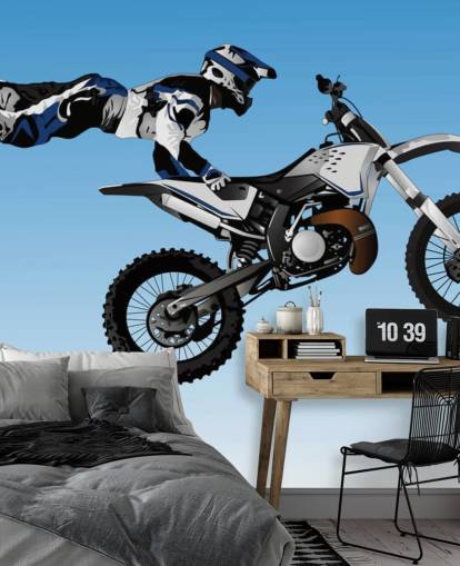 Carta da parati Motocross Biker Flying on Back of Bike Carta da parati Motocross Biker Flying on Back of Bike