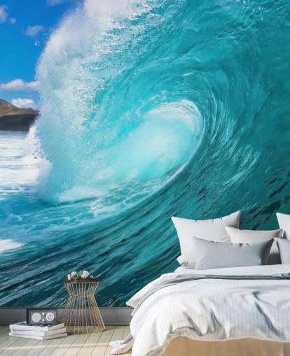 blue customizable surfing ocean wallpaper mural called Barrel for bedrooms, bathrooms and businesses blue customizable surfing ocean wallpaper mural called Barrel for bedrooms, bathrooms and businesses