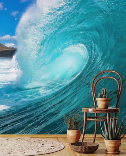 blue customizable surfing ocean wallpaper mural called Barrel for bedrooms, bathrooms and businesses