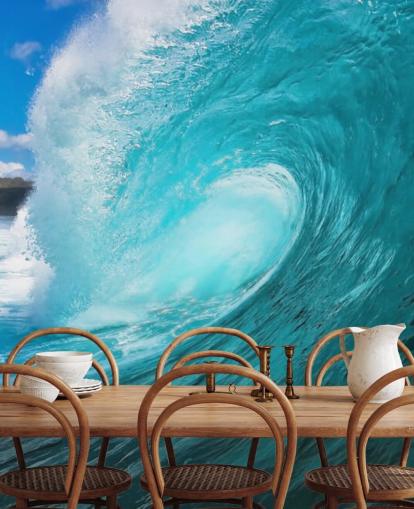 blue customizable surfing ocean wallpaper mural called Barrel for bedrooms, bathrooms and businesses