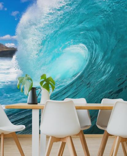 blue customizable surfing ocean wallpaper mural called Barrel for bedrooms, bathrooms and businesses