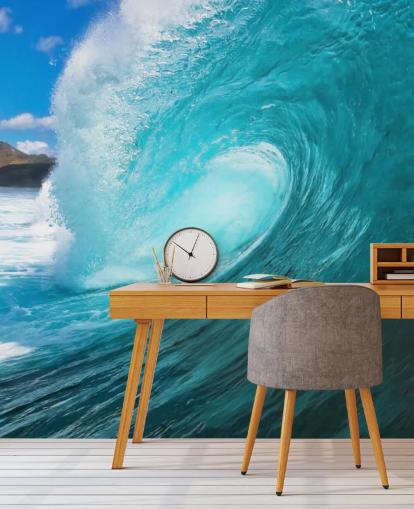 blue customizable surfing ocean wallpaper mural called Barrel for bedrooms, bathrooms and businesses