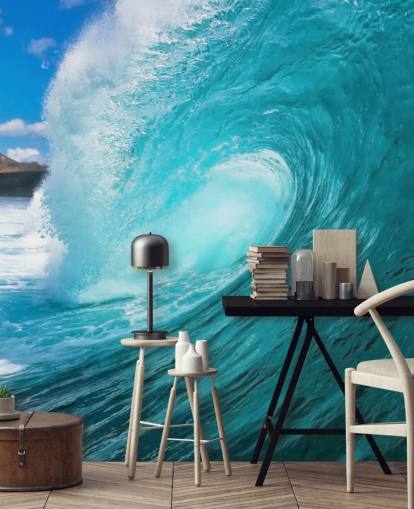 blå tilpasselig surfing ocean tapetmaleri kaldet Barrel til soveværelser, badeværelser og virksomheder