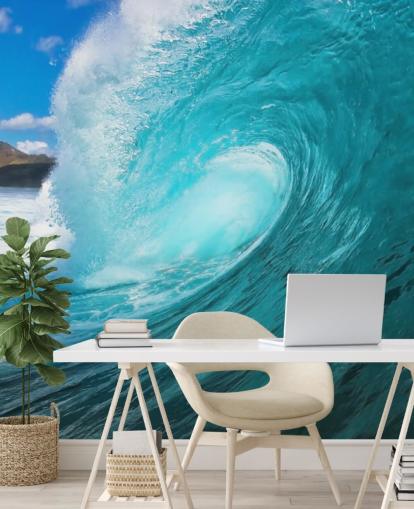 blue customizable surfing ocean wallpaper mural called Barrel for bedrooms, bathrooms and businesses