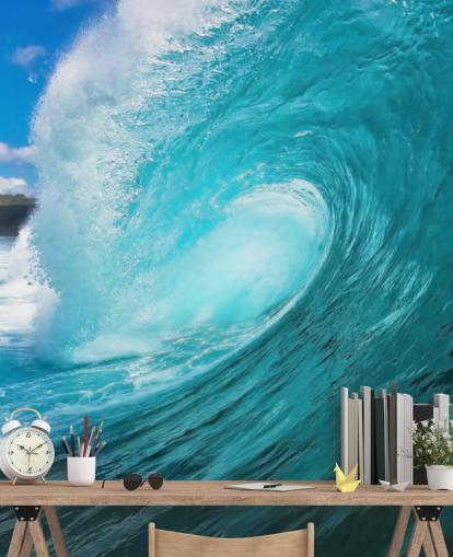 mural azul personalizable sobre el océano surfeando llamado Barrel para dormitorios, baños y negocios
