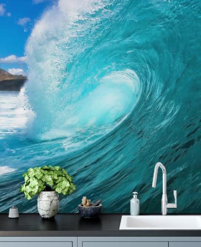 blue customizable surfing ocean wallpaper mural called Barrel for bedrooms, bathrooms and businesses