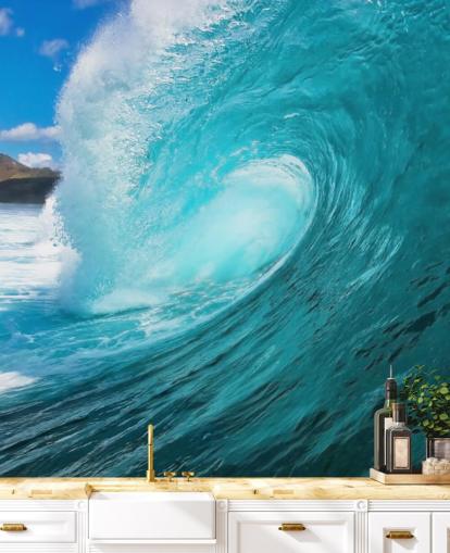 blue customizable surfing ocean wallpaper mural called Barrel for bedrooms, bathrooms and businesses
