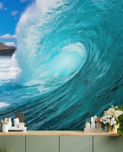 mural de papel de parede azul personalizável para surfar oceânico chamado Barrel para quartos, banheiros e empresas