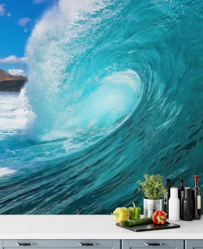 blauwe aanpasbare muurschildering voor surfen op de oceaan genaamd Barrel voor slaapkamers, badkamers en bedrijven blauwe aanpasbare muurschildering voor surfen op de oceaan genaamd Barrel voor slaapkamers, badkamers en bedrijven