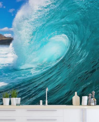 blue customizable surfing ocean wallpaper mural called Barrel for bedrooms, bathrooms and businesses