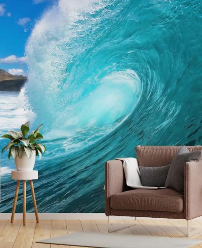 mural azul personalizable sobre el océano surfeando llamado Barrel para dormitorios, baños y negocios