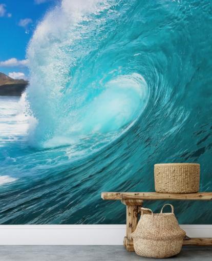 blue customizable surfing ocean wallpaper mural called Barrel for bedrooms, bathrooms and businesses