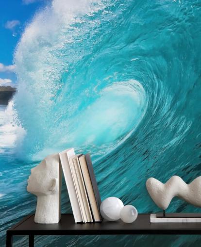 mural azul personalizable sobre el océano surfeando llamado Barrel para dormitorios, baños y negocios