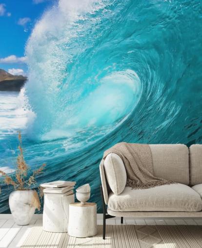 blauwe aanpasbare muurschildering voor surfen op de oceaan genaamd Barrel voor slaapkamers, badkamers en bedrijven blauwe aanpasbare muurschildering voor surfen op de oceaan genaamd Barrel voor slaapkamers, badkamers en bedrijven