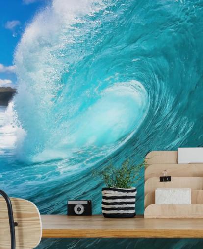 blue customisable surfing ocean wallpaper mural called Barrel for bedrooms, bathrooms and businesses