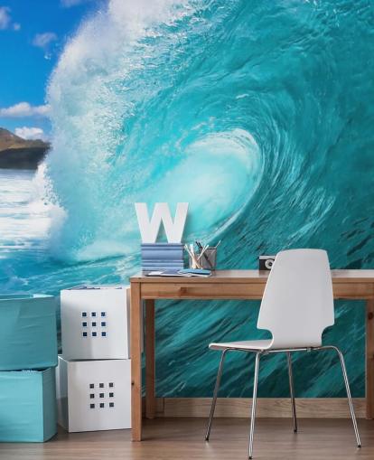 blauwe aanpasbare muurschildering voor surfen op de oceaan genaamd Barrel voor slaapkamers, badkamers en bedrijven blauwe aanpasbare muurschildering voor surfen op de oceaan genaamd Barrel voor slaapkamers, badkamers en bedrijven